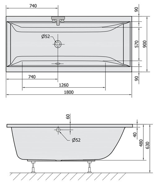 Polysan Polysan, CLEO téglalap alakú kád 180x90x48cm, fehér, 13111