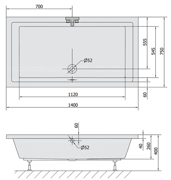 Polysan Polysan, DEEP mély zuhanytálca téglalap 140x75x26cm, fehér, 72947