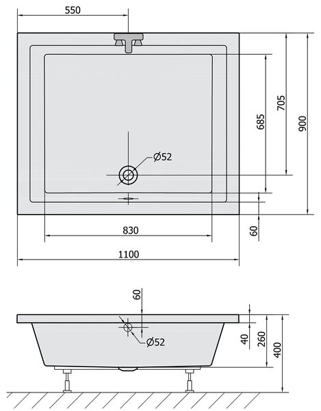 Polysan Polysan, DEEP mély zuhanytálca téglalap 110x90x26cm, fehér, 72363