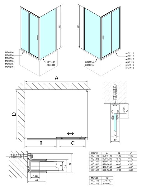 Polysan Polysan, DEEP négyszögletes zuhanyparaván 1100x750mm L / R változat, átlátszó üveg, MD1116MD3116