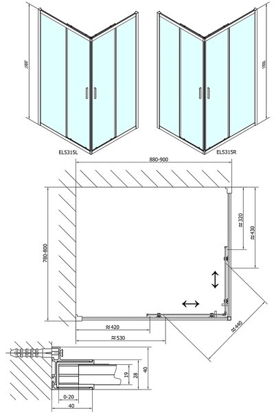 Polysan Polysan, EASY LINE négyszögletes zuhanyparaván 900x800mm, átlátszó üveg, EL5315