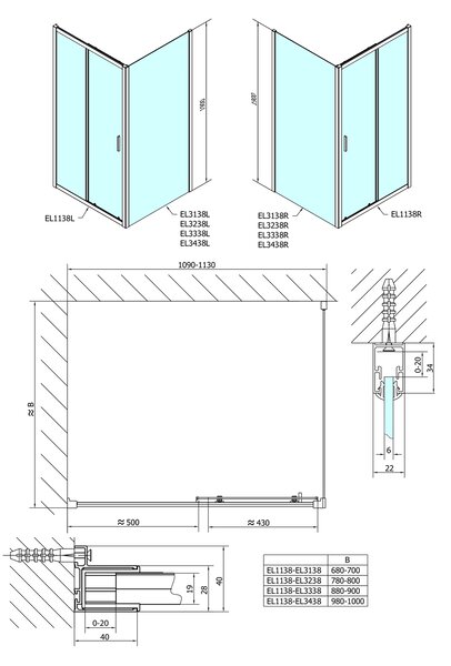Polysan Polysan, Easy Line négyszögletes zuhanyparaván 1100x700mm L/P változat, Téglaüveg, EL1138EL3138