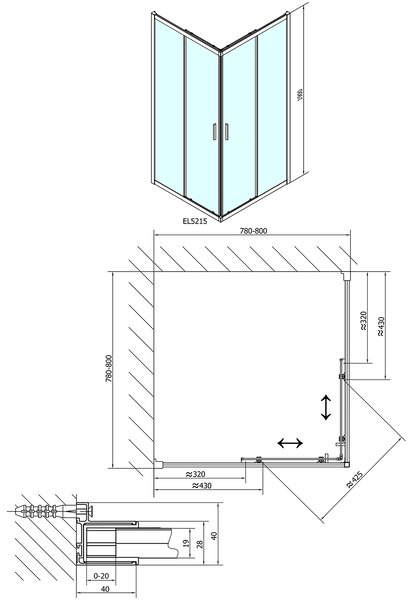 Polysan Polysan, EASY LINE négyzet alakú zuhanyparaván 800x800mm, átlátszó üveg, EL5215