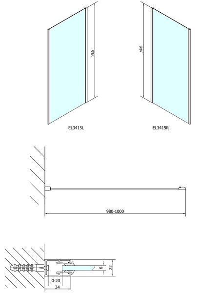 Polysan Polysan, EASY LINE zuhany oldalfal 1000mm, átlátszó üveg, EL3415
