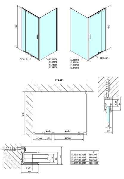 Polysan Polysan, Easy Line téglalap/négyzet alakú zuhanyparaván forgóajtó 800-900x900mm L / R v, EL1615EL3315