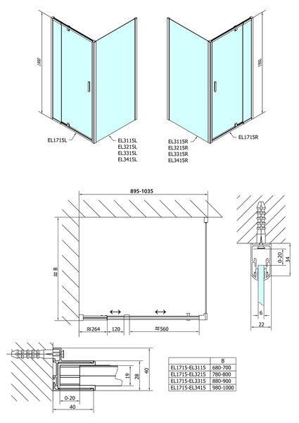 Polysan Polysan, Easy Line téglalap/négyzet alakú zuhanyparaván forgóajtó 900-1000x1000mm L / R, EL1715EL3415