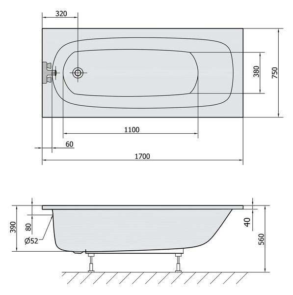 Polysan Polysan, EBRO négyszögletes kád 170x75x39cm, fehér, 26711