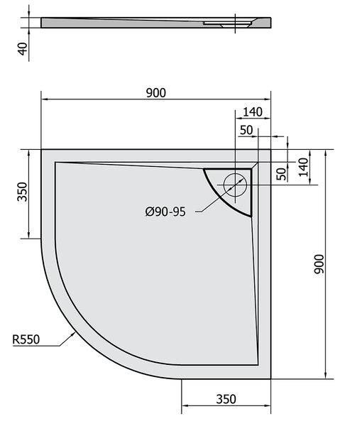 Polysan Polysan, LUSSA öntött márvány zuhanytálca füllel, negyed kör 90x90x4cm, R550, 71602
