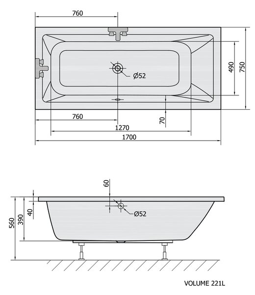 Polysan Polysan, MIMOA téglalap alakú kád 170x75x39cm, fehér, 71709