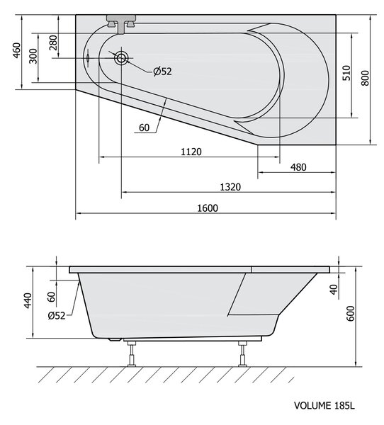 Polysan Polysan, PROJEKTA R aszimmetrikus kád 160x80x44cm, fehér, 21111