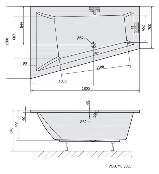 Polysan Polysan, TRIANGL L aszimmetrikus kád 180x120x50cm, fehér, 19611