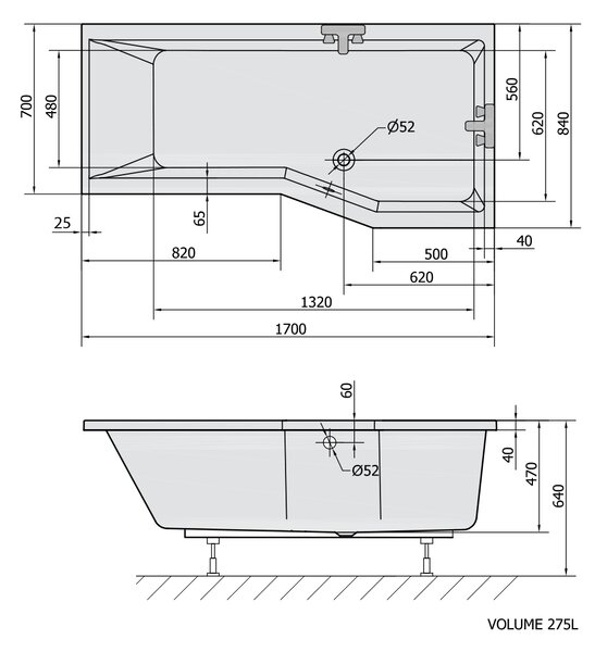 Polysan Polysan, VERSYS R aszimmetrikus kád 170x84x70x47cm, fehér, 70611