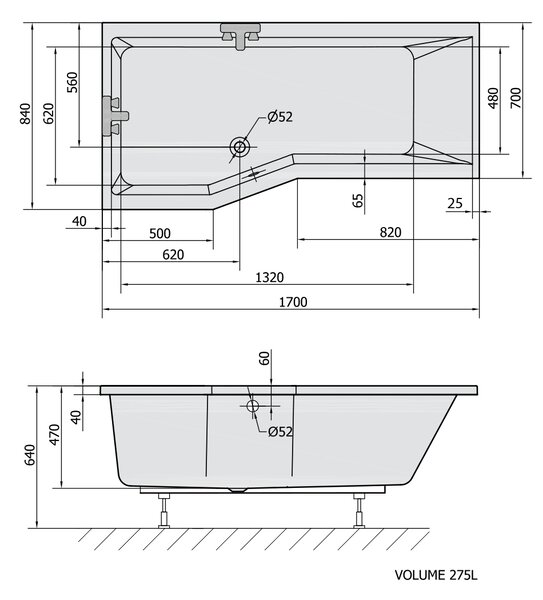 Polysan Polysan, VERSYS L aszimmetrikus kád 170x84x70x47cm, fehér, 70111