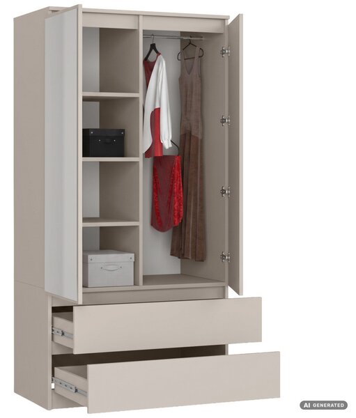 AKORD CLP S90 Kétajtós Ruhásszekrény Laminált Lap Kasmír Tükrös