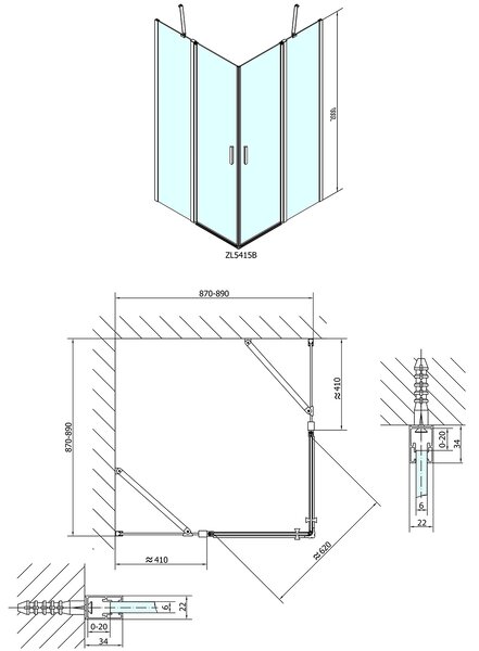 Polysan Polysan, ZOOM LINE BLACK szögletes zuhanyparaván 900x900mm, átlátszó üveg, ZL5415B