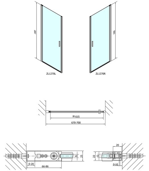 Polysan Polysan, ZOOM LINE zuhanyajtó 700mm, átlátszó üveg, ZL1270