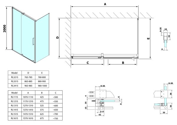 Polysan Sapho, ROLLS LINE oldalfal 800mm, átlátszó üveg, magasság 2000mm, átlátszó üveg