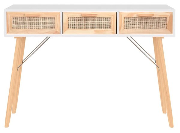 Fehér tömör fenyő és természetes rattan tálaló 105x30x75 cm