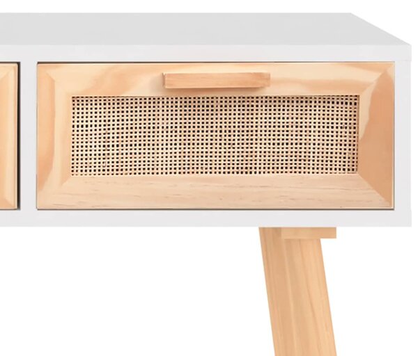 Fehér tömör fenyő és természetes rattan tálaló 105x30x75 cm