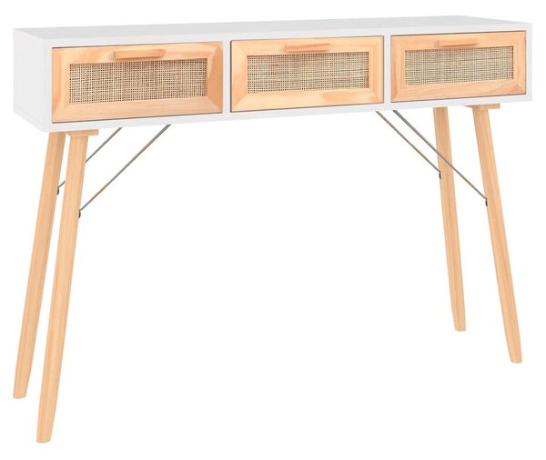Fehér tömör fenyő és természetes rattan tálaló 105x30x75 cm