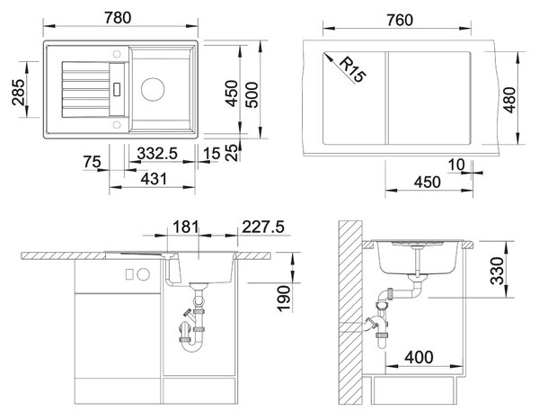 Blanco Zia 45 S, szilgránit mosogató 780x500x190 mm, 1 kamrás, fekete, BLA-526013
