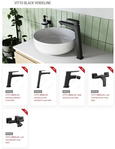 Ferro Vitto Verdeline, zuhanygarnitúra 150 mm felső esőfejjel, fekete matt, NP81-BVI7UVL-BL