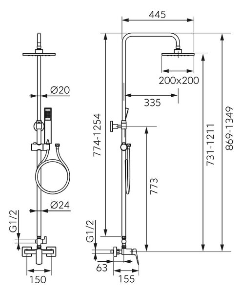 Ferro Vitto Verdeline, zuhanygarnitúra 150 mm felső esőfejjel, fekete matt, NP81-BVI7UVL-BL