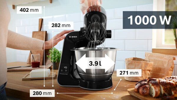 Bosch MUM5XC4E Serie 4 1000 W, 3.9 l, 7 fokozat Fekete-Inox-Átlátszó konyhai robotgép mérleggel