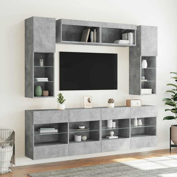 6 darabos betonszürke fali TV-szekrény szett LED-del