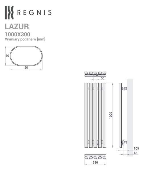 Regnis Lazur LA, fűtőelem 330x1000mm központi csatlakozással 50mm, 428W, fekete matt, LAZURLA/1000/330/D5/BLACK