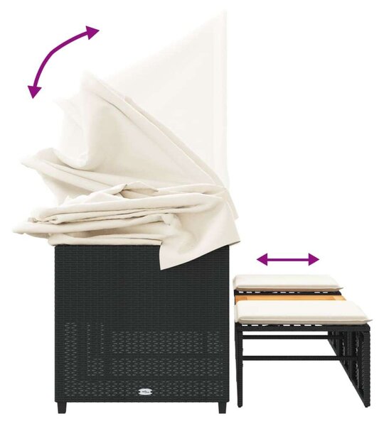 VidaXL 3 Személyes Kerti Kanapé - Fekete Polyrattan - Baldachinnal