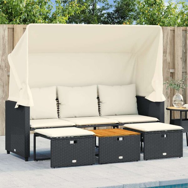 VidaXL 3 Személyes Kerti Kanapé - Fekete Polyrattan - Baldachinnal