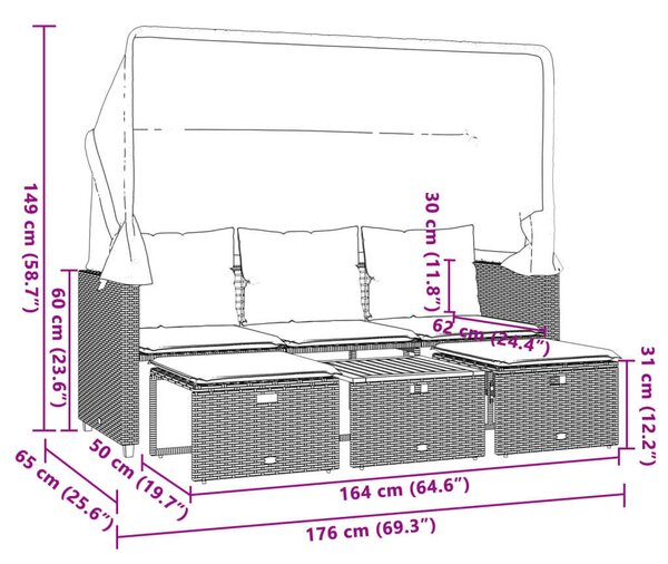 VidaXL 3 Személyes Kerti Kanapé - Fekete Polyrattan - Baldachinnal