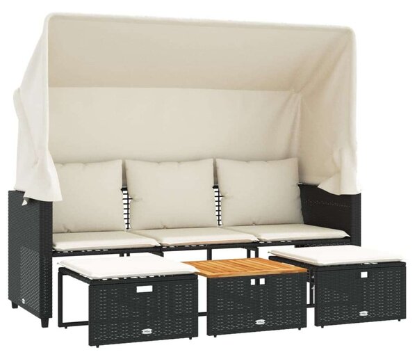 VidaXL 3 Személyes Kerti Kanapé - Fekete Polyrattan - Baldachinnal