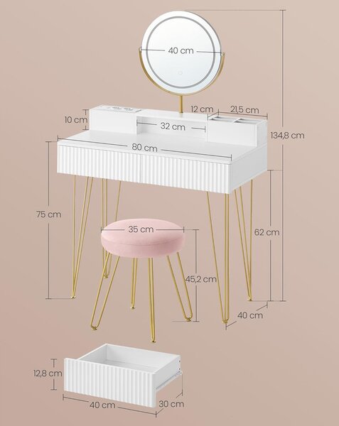 VASAGLE fésülködőasztal LED világítással és puffal, fehér/arany, 80 cm
