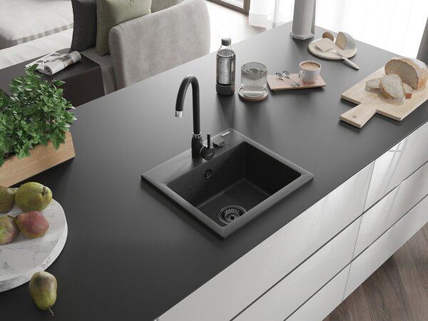 Mexen Milo, gránit mosogató 435x410x171 mm, 1 kamrás, fekete foltok fekete szifonnal, 6505441000-76-B