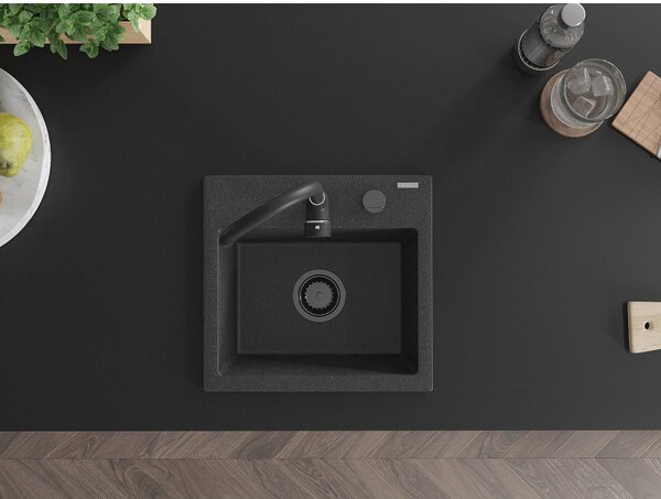 Mexen Milo, gránit mosogató 435x410x171 mm, 1 kamrás, fekete foltok fekete szifonnal, 6505441000-76-B