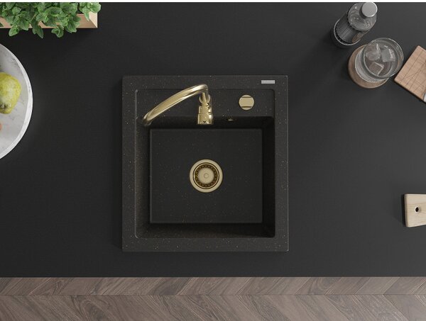 Mexen Vito, gránit mosogató 520x490x210 mm, 1 kamrás, fekete-arany metál arany szifonnal, 6503521000-75-G
