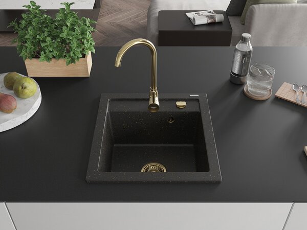 Mexen Vito, gránit mosogató 520x490x210 mm, 1 kamrás, fekete-arany metál arany szifonnal, 6503521000-75-G
