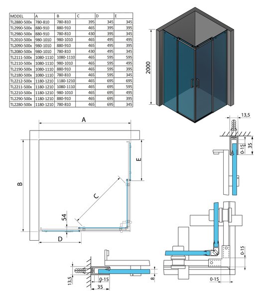 Polysan Polysan, THRON LINE SQUARE négyzet alakú zuhanyparaván 800x800mm, TL2880-5002