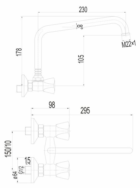 Mereo Mereo, Falra szerelhető mosogató csaptelep, Kasia, U-karos cső alakú o 18 mm - 230 mm, króm, MER-CBS301A04