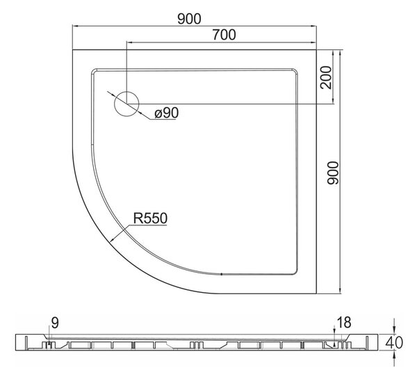 Mereo Mereo, Negyedkör alakú zuhanytálca, R550, 90x90x4 cm, SMC, fehér, szifonnal, MER-CV01NS