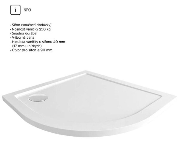 Mereo Mereo, Negyedkör alakú zuhanytálca, R550, 90x90x4 cm, SMC, fehér, szifonnal, MER-CV01NS