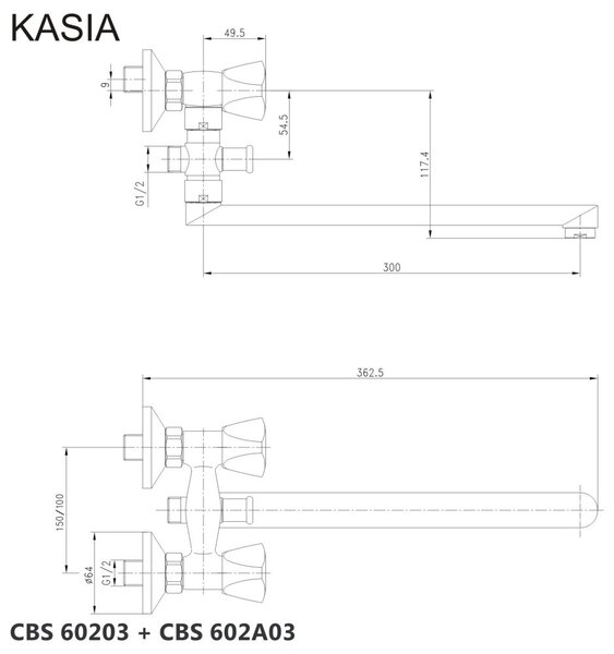 Mereo Mereo, Falra szerelhető csaptelep lakásba. magok, Kasia, 300 mm-es hevederrel, tartozékok nélkül, króm, MER-CBS602A03