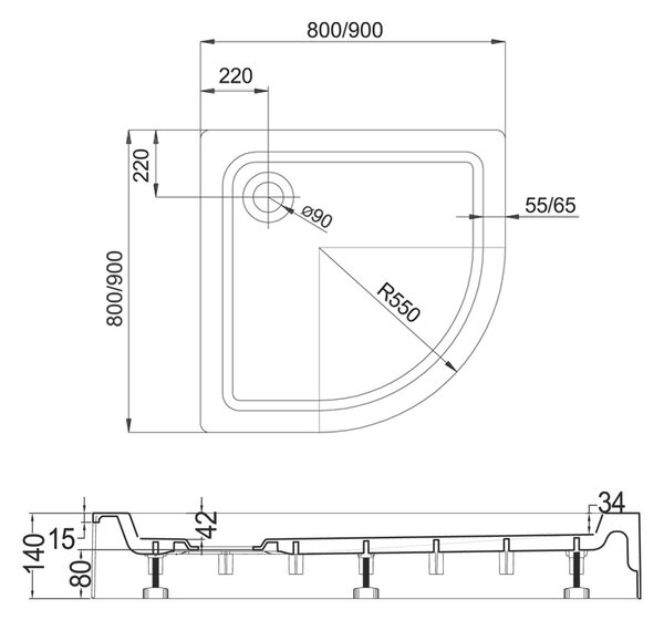 Mereo Mereo, Zuhanytálca R550, SMC, fehér, lábakkal és szifonnal o 90 mm, MER-CV11H
