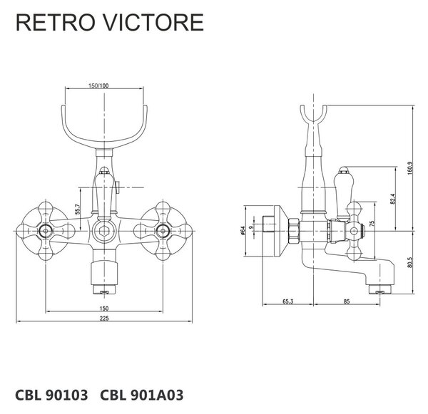 Mereo Mereo, Fürdőkád fali csaptelep, Retro Victoria, 150 mm, tartozékok nélkül, króm, MER-CBL90103