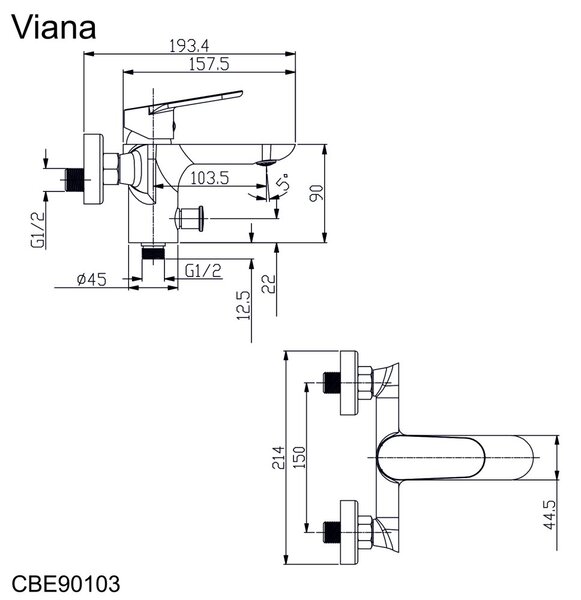 Mereo Mereo, Fürdőkád fali csaptelep, Viana, tartozékok nélkül, 150 mm, króm, MER-CBE90103