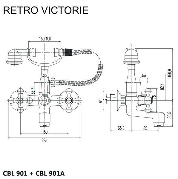 Mereo Mereo, Fürdőkád fali csaptelep, Retro Victoria, 150 mm, tartozékokkal, króm, MER-CBL901