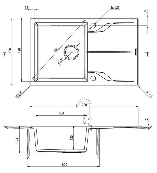 Deante Andante Flush, gránit mosogató 780x490x194 mm, 3,5"+ helytakarékos szifon, 1 kamrás, grafit fém, ZQN_G11F