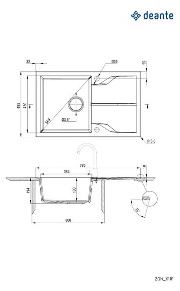 Deante Andante Flush, gránit mosogató 780x490x194 mm, 3,5"+ helytakarékos szifon, 1 kamrás, grafit fém, ZQN_G11F